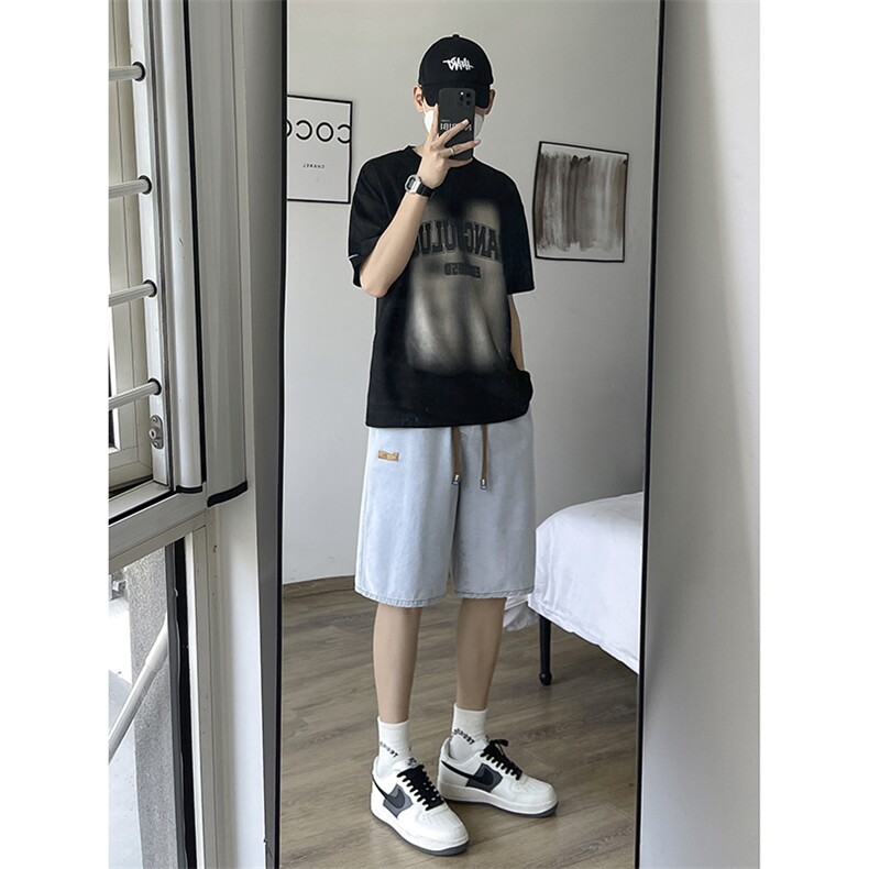 港风休闲牛仔宽松潮牌时尚绣标百搭五分牛仔短裤DK851-特批34,男装休闲裤,星座718-1