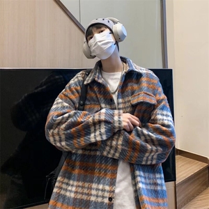 毛呢格子外套男秋冬季美式复古潮牌休闲宽松翻领夹克图片