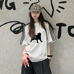 抖音得物高品质二开240克宽松纯棉美式潮牌三条杠织带短袖T恤图片