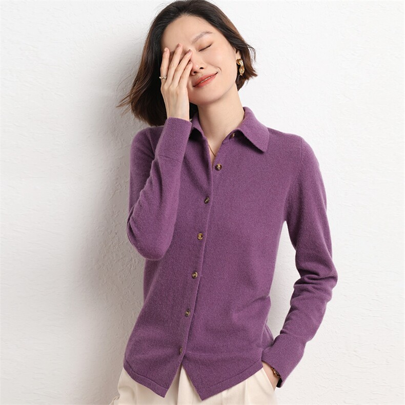 秋秋POLO领针织衬衫外搭宽松长袖毛衣开衫气质翻领外搭打底衫，女装羊毛衫，魅途羊绒