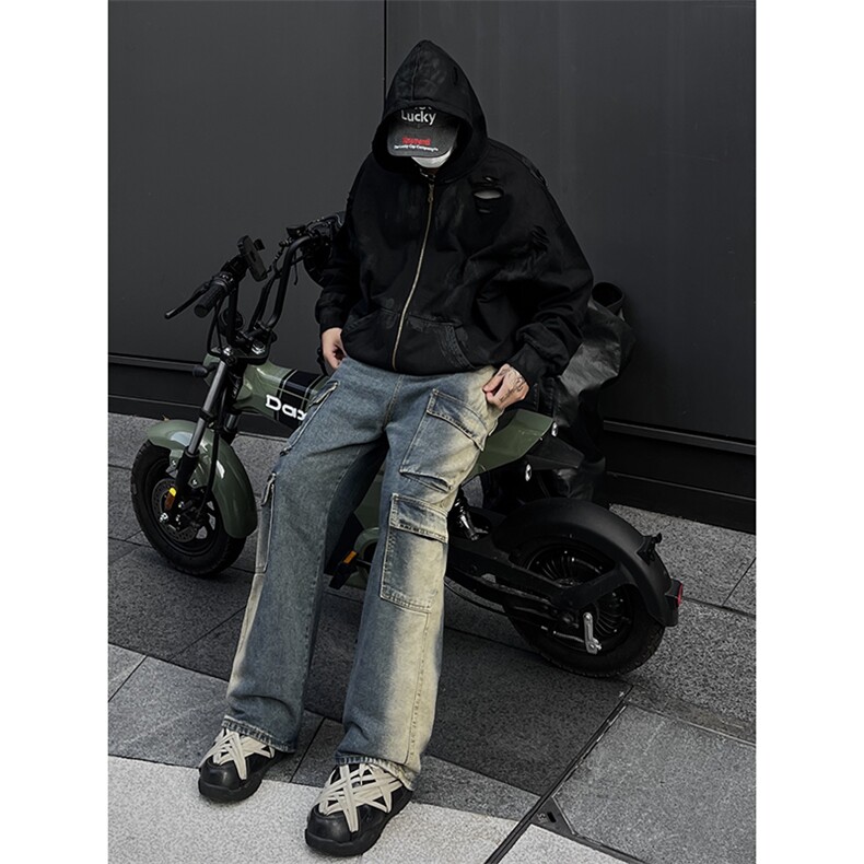 B221美式ins高街重工艺宽松做旧工装牛仔裤子LK23143-P80控108,男装牛仔裤,电商B221