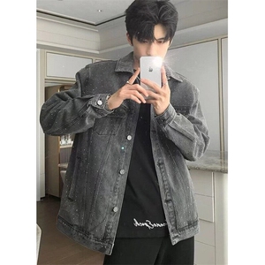 烫钻牛仔外套男春秋新款复古做旧宽松翻领百搭情侣夹克 JK26图片
