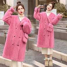 新款2024年冬季时尚韩版洋气V领中长款环保皮草中长款外套大衣，女装皮草，蓝诺裳