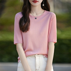 100%纯天丝短袖T恤女低圆领华夫格针织衫夏季新款显瘦气质半袖薄，女装T恤，暖烁羊绒