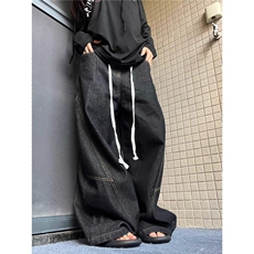 美式复古撞色腰头弯刀牛仔裤男女设计感宽松阔腿裤LN12577-P58，男装牛仔裤，星座1008