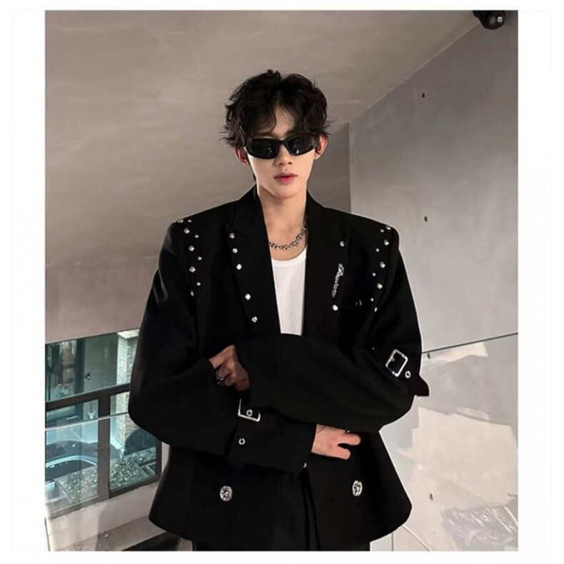 【001】铆钉短款小西装男小众双排扣绑带西服外套A079-XZ114-P69,男装西服套装,电商A079