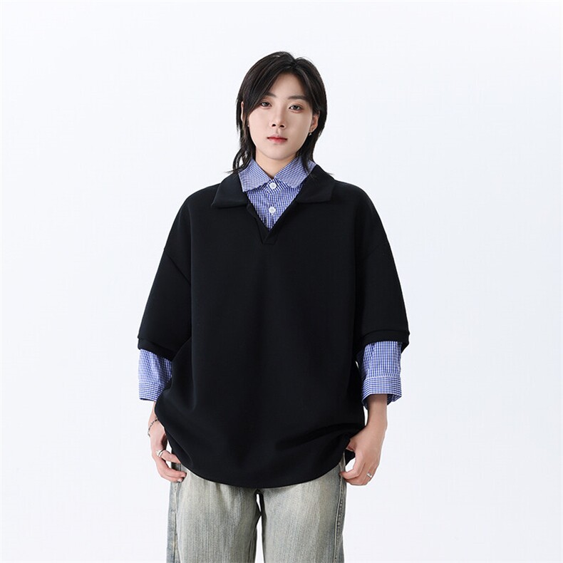 假两件格纹衬衫领卫衣潮流胖子宽松长袖T恤春季港风TC015 P48图片
