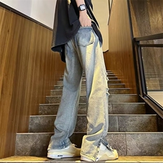 美式复古牛仔裤男女拉链破洞直筒裤青年痞帅炸街裤N6053-P40，男装牛仔裤，星座1109-3