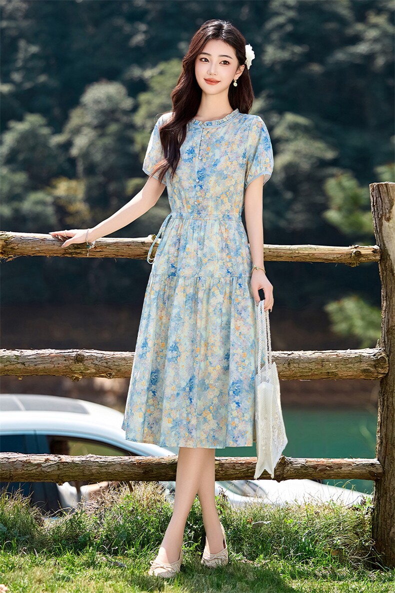 优雅气质休闲全棉碎花连衣裙女2026夏季新款收腰显瘦减龄印花长裙,女装连衣裙,倪叶myz