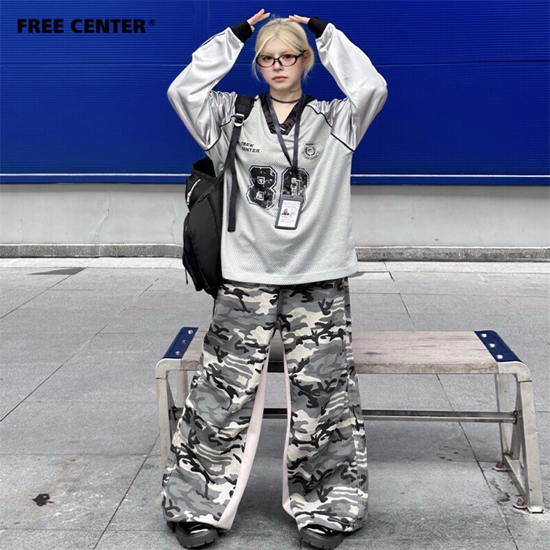 FreeCenter美式复古运动风球衣女插肩袖拼接字母宽松速干长袖T恤,女装T恤,星座506A