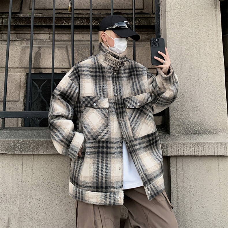 美式复古毛呢男女宽松格纹加毛翻领外套XZ225-3-MF03-P138控178,男装棉衣,星座225-3
