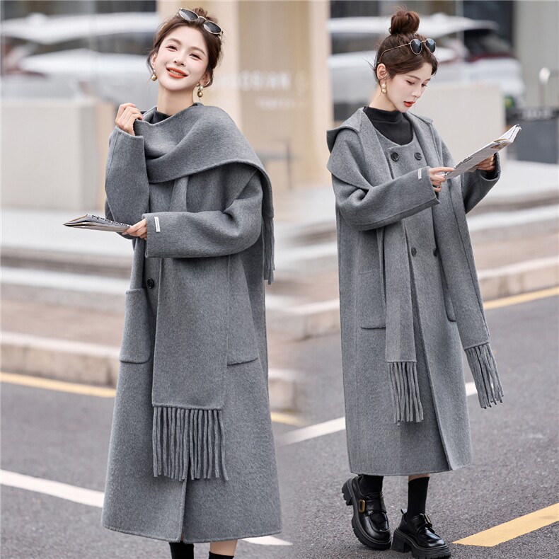双面羊毛大衣女2025春秋气质围巾连帽小香风时尚毛呢外套两件套潮，女装双面呢大衣，琦鑫阁（原依鑫阁）