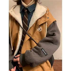 羊羔绒外套男连帽秋冬加厚港风棉衣复古宽松假两件棉服VY589-p98图片