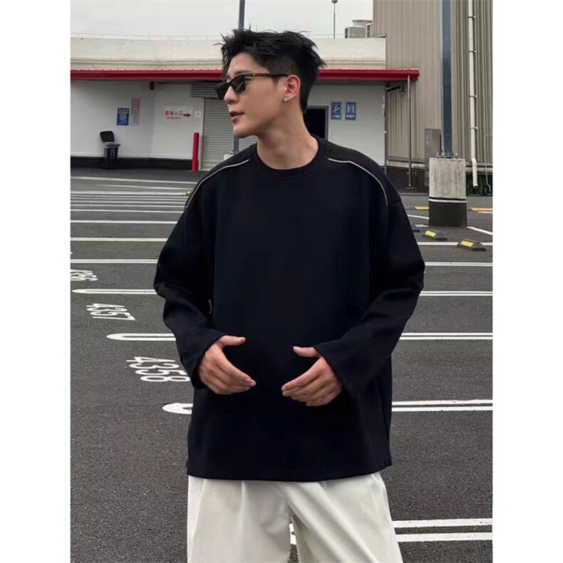 抖音得物高品质26春装设计感长袖打底衫纯色拉链肩圆领卫衣W123,男装T恤,电商A486