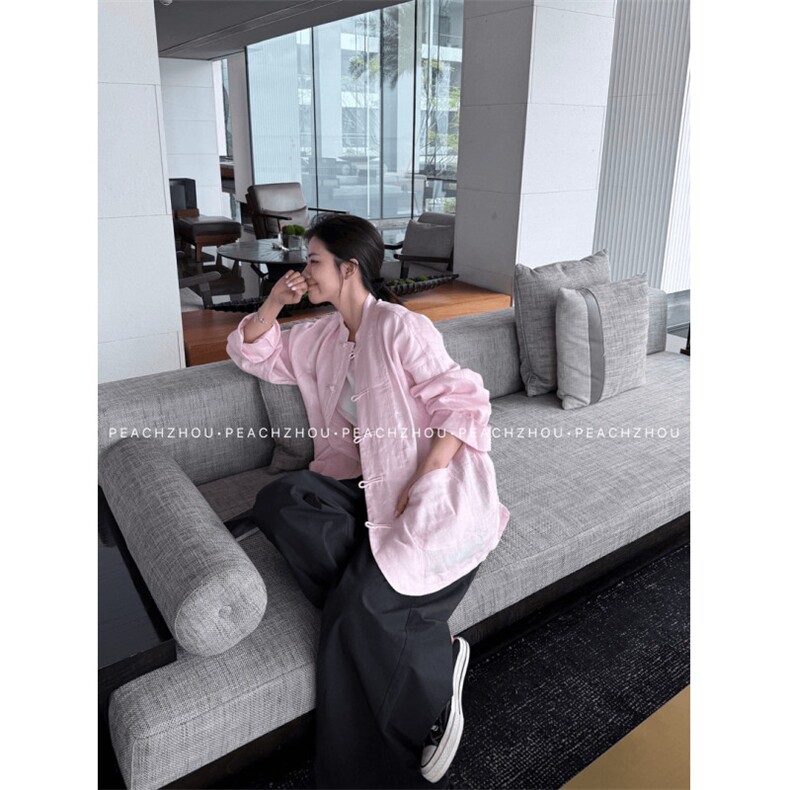新中式粉色外套盘扣亚麻显白气质风衬衫休闲外套中性穿GF01P55,男装衬衫,电商D256