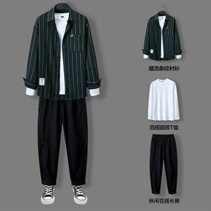 休闲套装男士长袖衬衫2021年新款潮流秋季搭配三件套DF160T图片