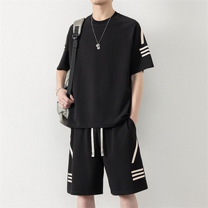 纯色二开TZ25307-特P55运动套装男夏季新款潮流条纹宽松短袖T恤图片