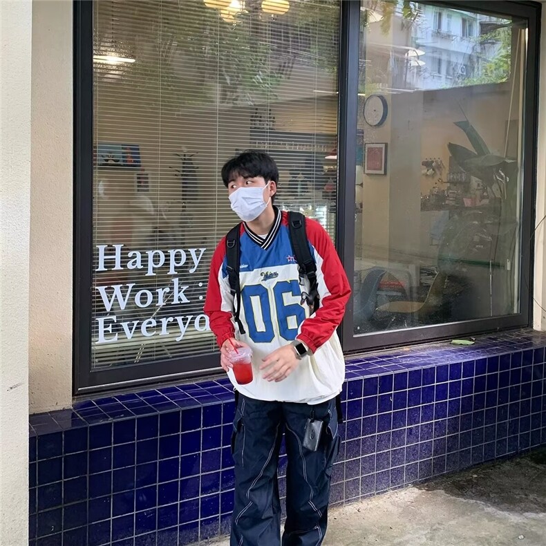 美式复古V领撞色拼接球衣套头衫卫衣男女宽松街头长袖WYE28P50,男装卫衣,星座1013-5