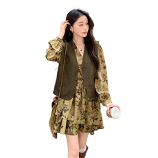 现货早秋新款甜辣港风麂皮绒马甲套装裙两件套2957P165K248，女装连衣裙，2C029