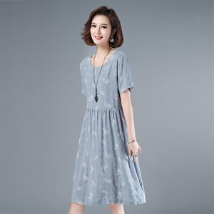 2021年夏季通勤韩版中长款a字裙40-49周岁高腰圆领短袖套头裙子图片