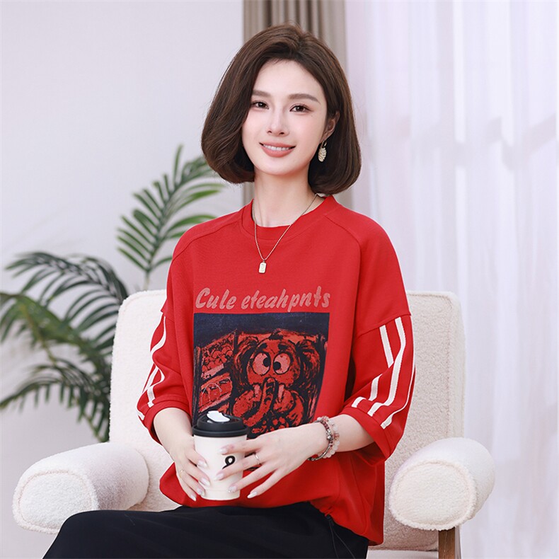 时尚宽松显瘦红色印花短袖T恤女夏季新款韩版百搭休闲上衣潮,女装衬衫,叶笙衣