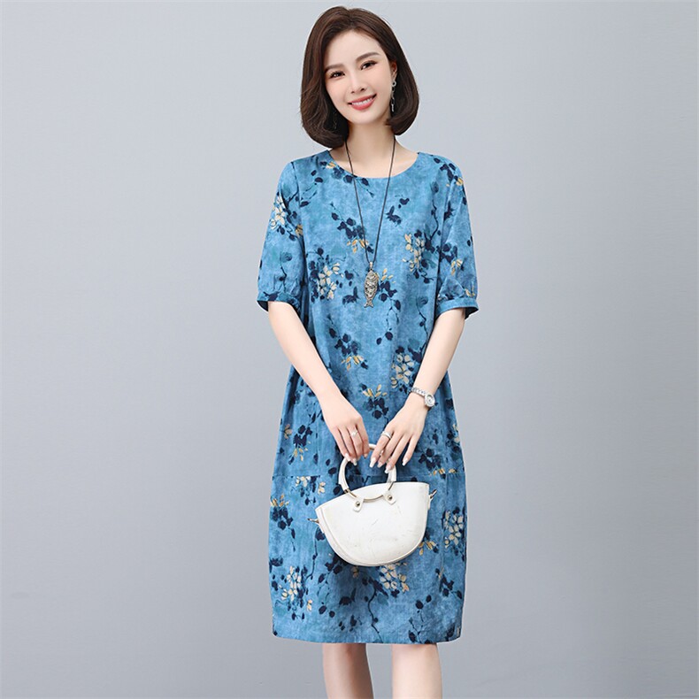 高端棉麻连衣裙女2025夏季新款宽松休闲中年妈妈薄款亚麻碎花裙子,女装连衣裙,独衣靓