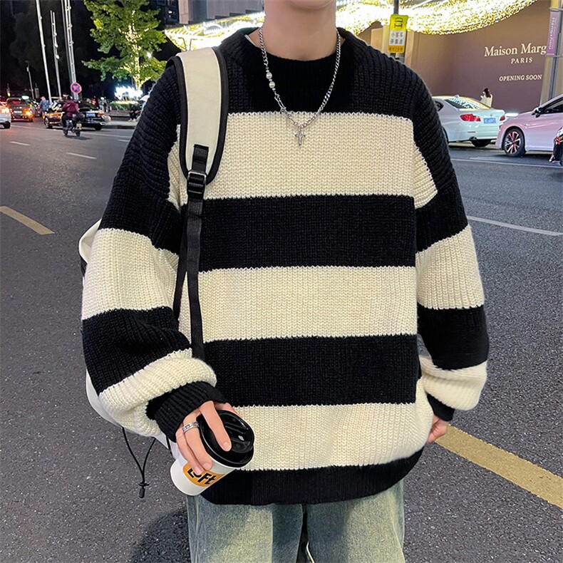 港风秋款男圆领套头毛衣条纹拼色宽松针织衫休闲外套M6007P45,男装针织衫/毛衣,星座1013-1