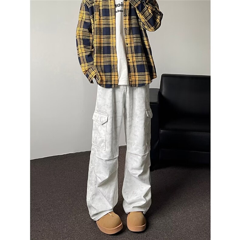 白色工装休闲裤男韩版潮流高街大口袋2024冬季ins长裤K5913-P55,男装工装外套,星座412-3