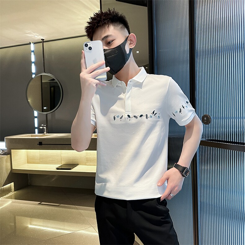 2023花朵刺绣夏季短袖T恤翻领Polo衫小伙风时尚半袖T0264-P50,男装T恤,电商D342