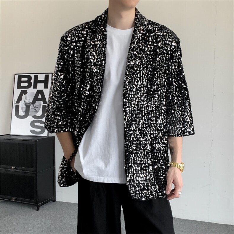 夏季闪闪亮珠片亮面夜店舞台装男演出服七分袖西装夜店歌手外套,男装西服,星座909