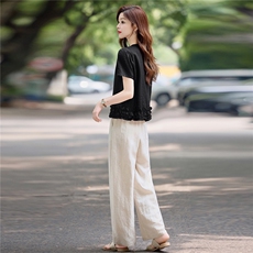 时尚休闲气质套装女2025夏新款减龄木耳花边拼接衬衫阔腿裤两件套，女装套装/套裙，依万里