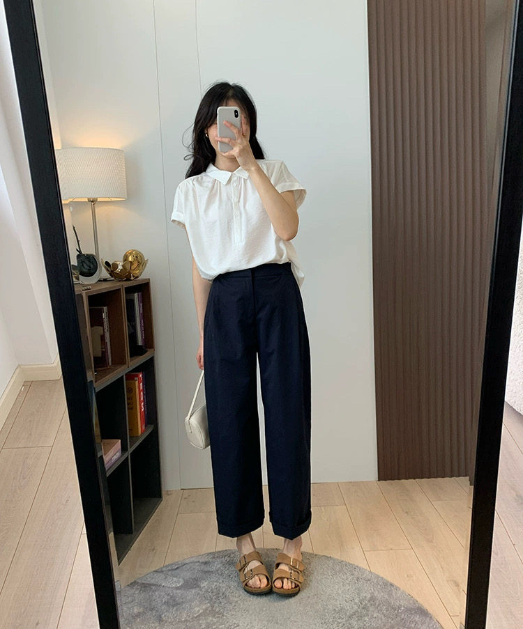 2025设计感小翻领排扣轻薄透气宽松小飞袖短袖衬衫,女装T恤,湘姗