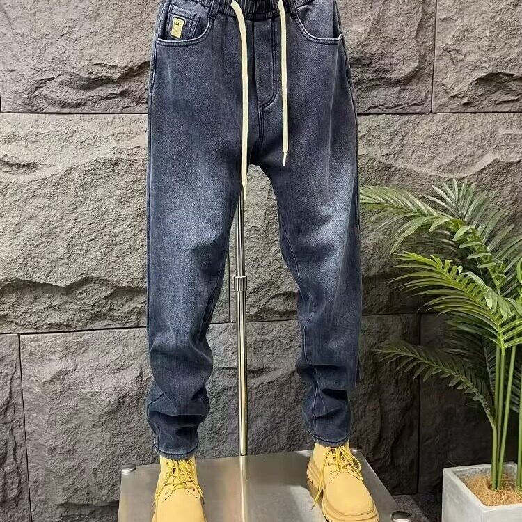 男士春季新款牛仔裤青年简约百搭休闲长裤子松紧腰抽绳哈伦小脚裤,男装牛仔裤,电商B212（原钱塘6029）