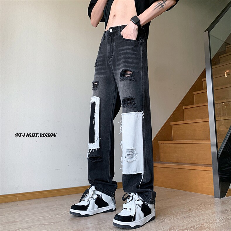 B221美式ins高街小众个性拼接宽松破洞牛仔裤LK23099-P65控88,男装牛仔裤,电商B221