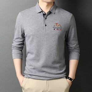 春秋季T恤男士翻领长袖Polo衫宽松上衫中年男装时尚打底体恤爸爸图片