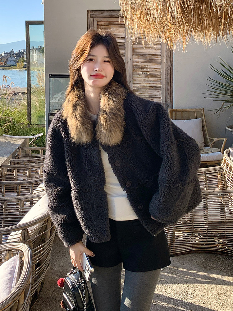 时髦复古大毛领保暖羊羔毛外套冬新款流行洋气短款皮毛一体,女装皮草,纯色衣恋