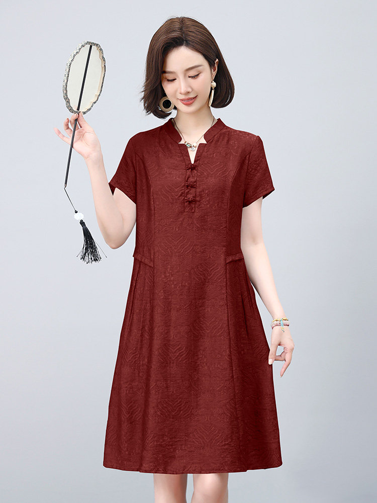 中年妈妈天丝短袖高端连衣裙女夏时尚大码宽松巨好看洋气提花裙子,女装连衣裙,雪樱依海