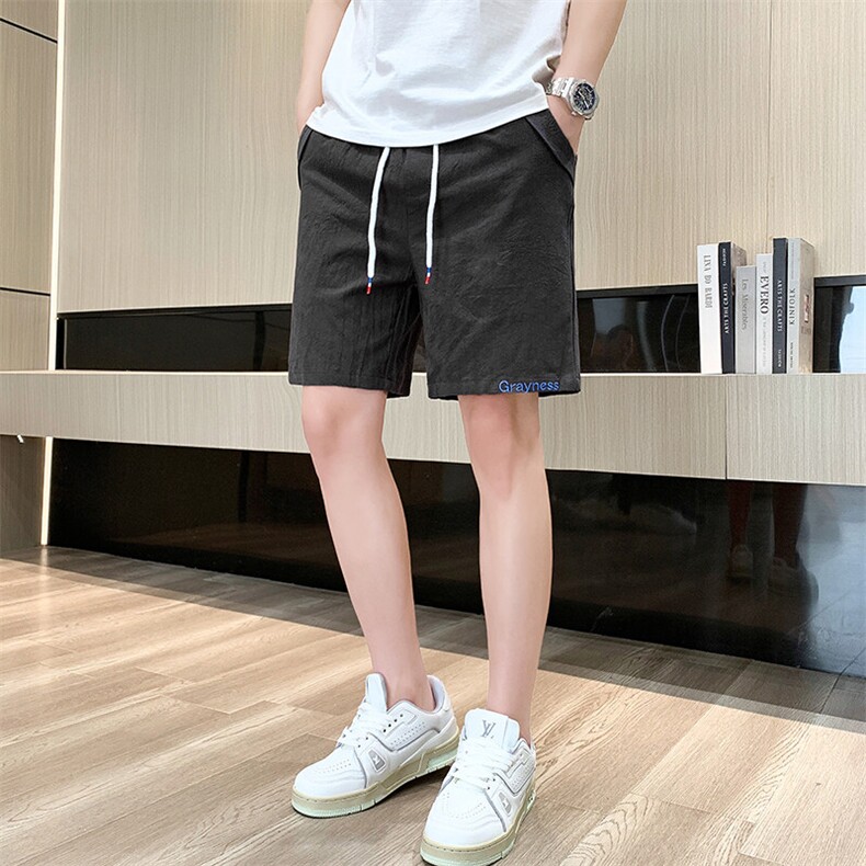 主推现货棉麻刺绣短裤男休闲百搭五分裤纯棉沙滩裤-DK833-P25图片