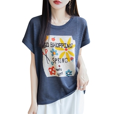 竹节麻针织短袖T恤女2025新款夏季时尚宽松小熊体恤薄款打底上衣，女装针织衫/毛衣，大美人高端店