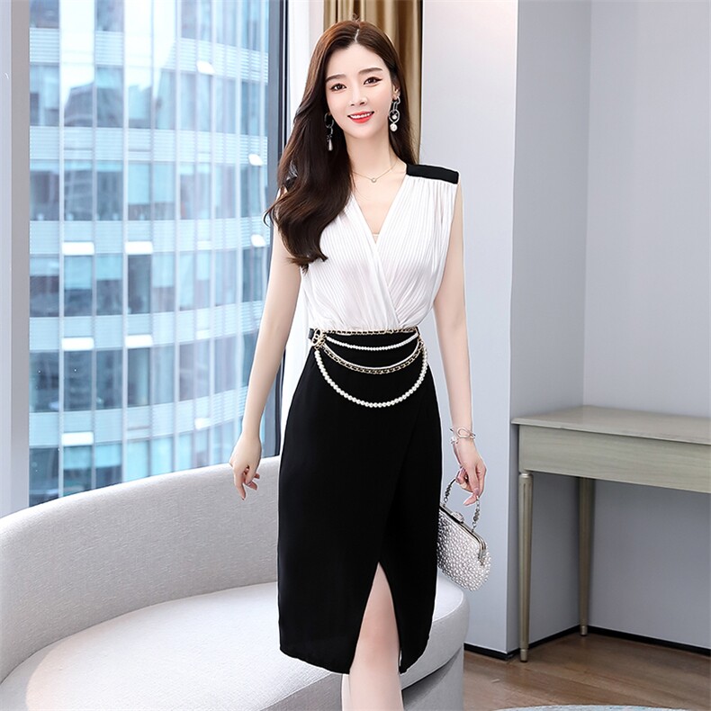 现货2023年夏季时尚撞色拼接修身连衣裙送腰带,女装连衣裙,时尚俏佳人