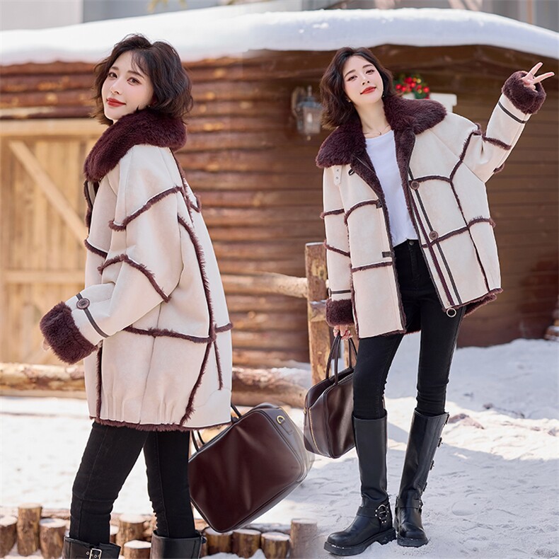 设计感皮毛一体仿羊羔毛外套女秋冬季2024新款加绒加厚宽松保暖棉服，女装羊羔毛/颗粒绒，千千佰惠