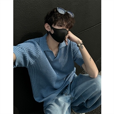 24M05-P50现货男女高街ins潮流夏季短袖套头毛衣蓝色半袖上衣，男装T恤，电商B327