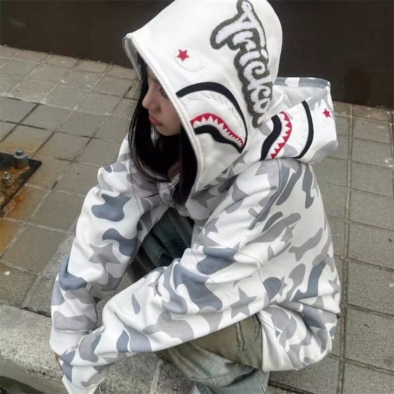 美式复古双帽迷彩连帽卫衣女春秋季潮宽松情侣开衫鲨鱼外套,女装卫衣/绒衫,星座506A