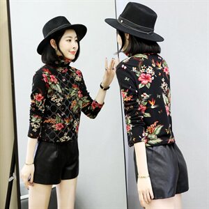 2020年冬季长袖印花花色植绒纱网镶钻修身蕾丝衫图片