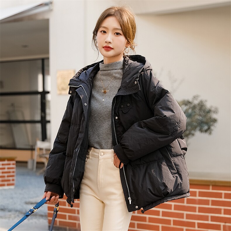 【现货】黑色短款羽绒服女冬装新款时尚洋气高级感连帽韩系白鸭绒,女装羽绒服,梦懿尔