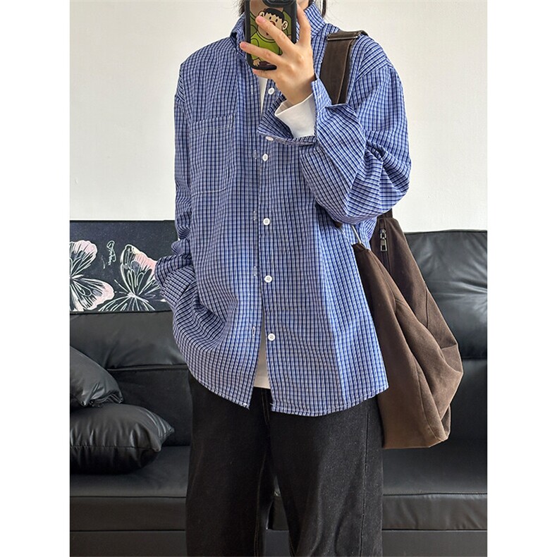 格子衬衫春夏美式蓝色格子衬衫港风情侣装休闲长袖衬衣CS276-P35,男装衬衫,星座301C-5