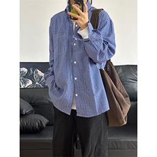 格子衬衫春夏美式蓝色格子衬衫港风情侣装休闲长袖衬衣CS276-P35，男装衬衫，星座301C-5