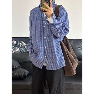 格子衬衫春夏美式蓝色格子衬衫港风情侣装休闲长袖衬衣CS276-P35图片