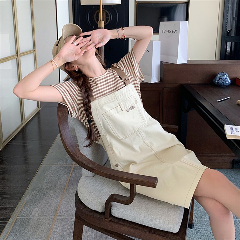 2025夏季新款可盐可甜条纹背带裙两件套装女学院风显瘦减龄连衣裙,女装套装/套裙,浙宝285（原212）