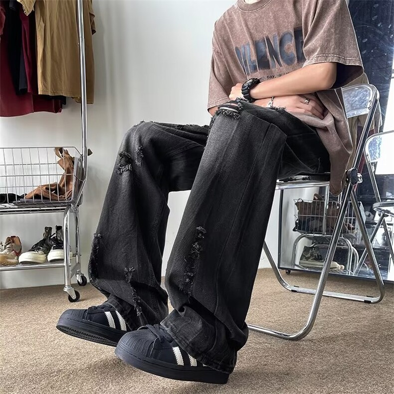 美式高街破洞牛仔裤男秋季潮牌复古宽松阔腿直筒男裤子RK2049-P45,男装牛仔裤,星座412-3